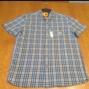Carhartt Storm Blue- Men's Rugged Flex Relaxed Fit Button Down Plaid Shirt (Med)